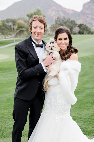 Bride and Groom with dog at Paradise valley country club