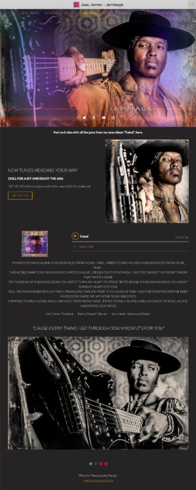 Musician branding website music page Jeau James text with images design example