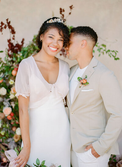 Crepe bridal gown with a blush overlay from Emily Kotarski, a hand-crafted statement crown with natural stones by Emma Katzka and styling from Lindsay Nowak of The Edit Collective