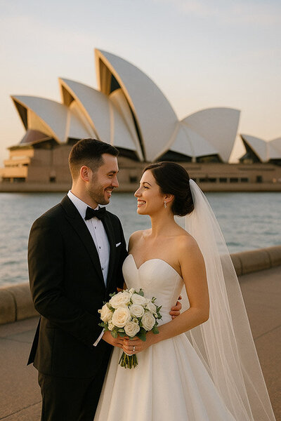 bride and groom kiss by the water at Sydney harbour