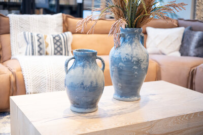 Blue pots styled in a  furniture store howroom