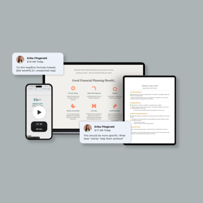 Device mockup on a blue background showing a laptop, phone, and tablet with website copy audit deliverables, including a reviewed webpage, video feedback, and audit notes