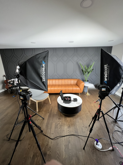 Camera equipment and behind the scenes moments of video shoot for a home care agency