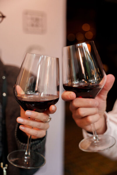 two wine glasses with California red wine pinot noir