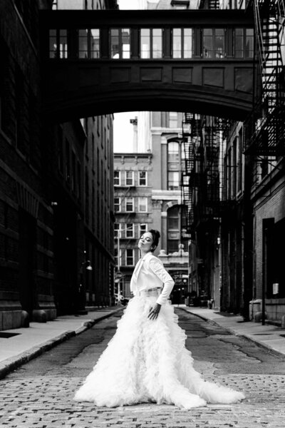 A bridal fashion shoot at the Staples Street  Bridge in Tribeca