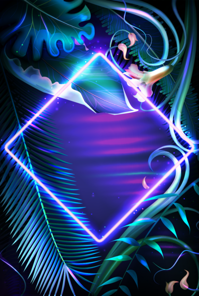 A neon blue diamond surrounded by illustrative foliage