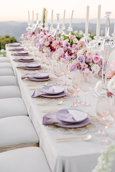 Decorated tablescape for wedding at Stone Mountain Estate in California.
