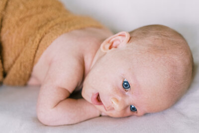 Close up image of a newborn baby laying underneath a blanket