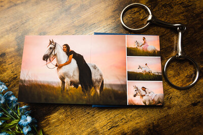 Photograph of a black leather album with fine art photographs of a paint horse stallion on a wooden desk with a western bridle and a white flower.