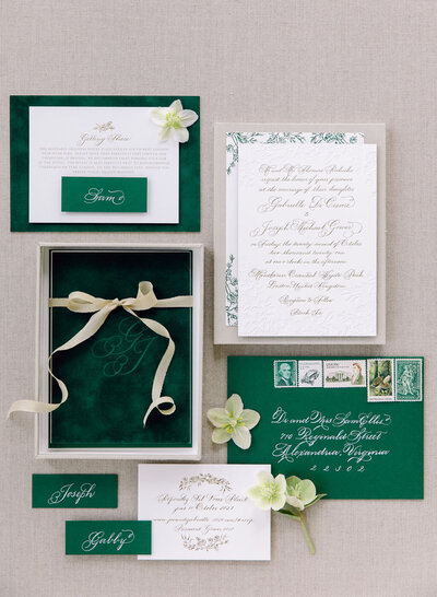 Green velvet wedding invitation with blind & gold foil letterpress and handwritten calligraphy script