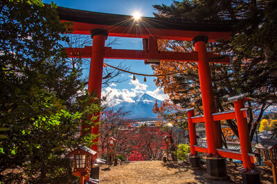 A traditional red torii gate overlooking Mount Fuji, framed by vivid autumn foliage and soft sunlight, evoking tranquil and spiritual travel through coastal Japan.