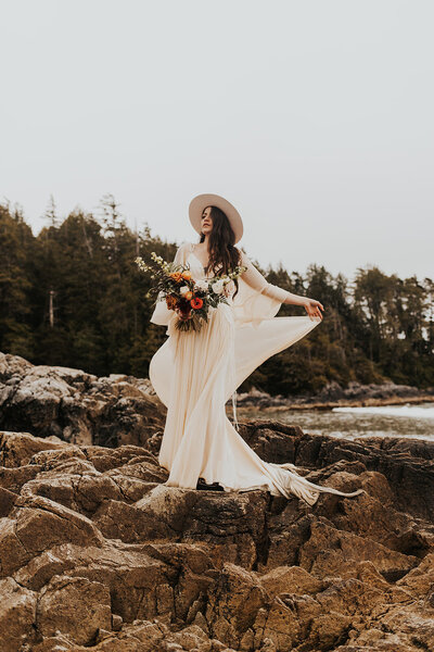 A bride on a rainy day in Tofino, BC
