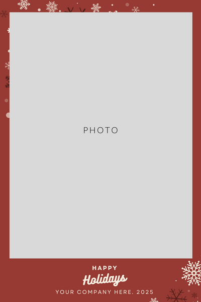 Warm red photo strip template with a large central image space and festive snowflake border.