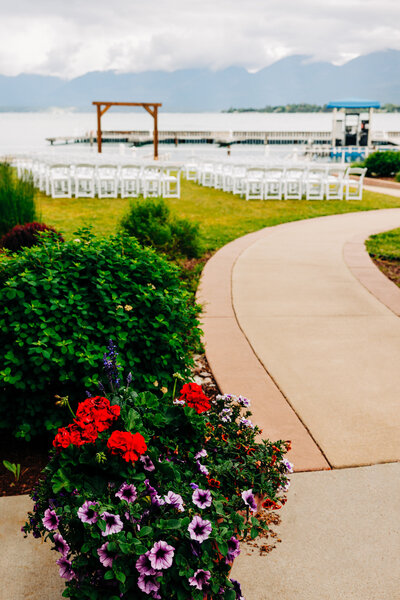 Outdoor flowers and wedding ceremony location at Kwataqnuk Resort, Polson