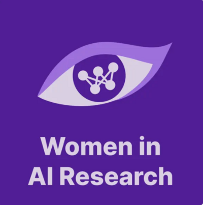 purple graphic of an eye with a w in the center says women in ai research