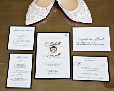 Black and white invitation with romantic lettering and calligraphy