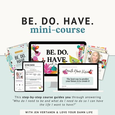 An array of colorful worksheets displayed on a computer, iPad, iPhone, worksheets for A Life You Love The Hell Out Of Mini-Course with Life Design Coach Jen Vertanen