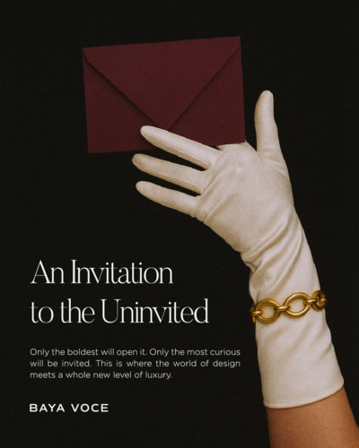 White-gloved hand holding a burgundy envelope above text ‘An Invitation to the Uninvited,’ capturing the dramatic side of the event designer brand identity.