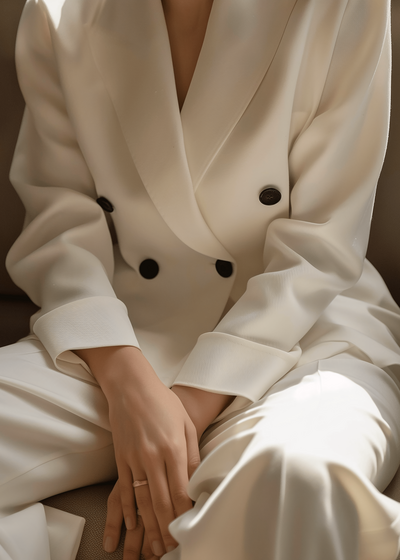Sitting woman in a white suit.