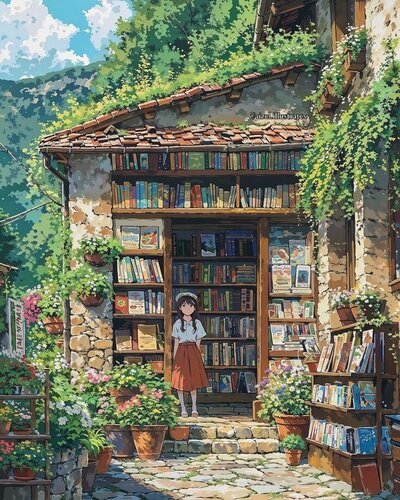 Girl standing in doorway of bookshop