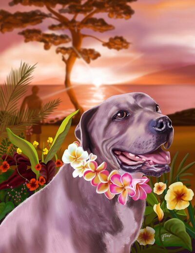 A smiling pitbull sits in a flower lei in front of a maui sunset.