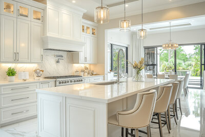 Kitchen in a Transitional Modern style in whites and creams. Interior Designer Sugar Land.
