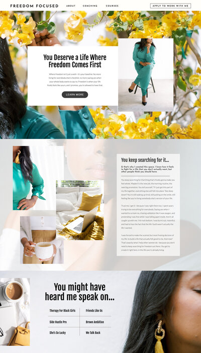Visual example (screenshot) of a premium showit website design for a coach for women with the main colors of teal green, white and black