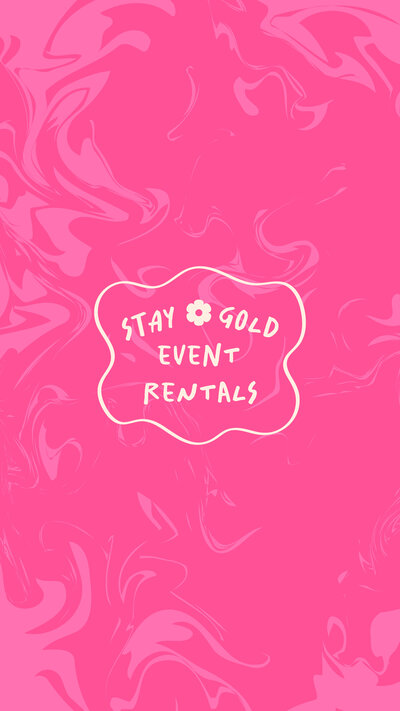 Stay Gold Event Rentals white logo mark on a hot pink abstract texture background