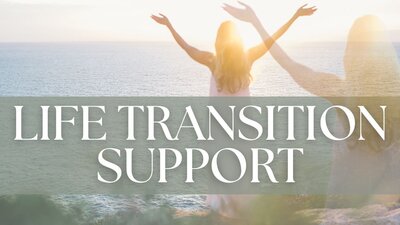 Life Transition Support graphic for Janna's 1:1 energy healing experience depicting a woman with her arms raised in joy with the sun shining brightly behind her.