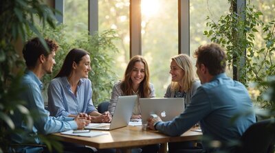 Five coworkers smiling and talking in a workplace setting, seated with laptops during a discussion.