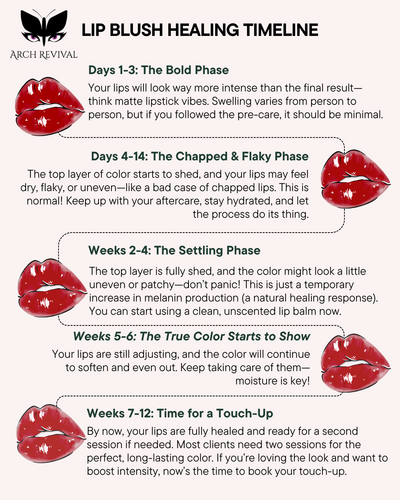 Lip blush tattoo healing timeline - stages from bold color to final results over 6 weeks at Arch Revival in Fort Frances.