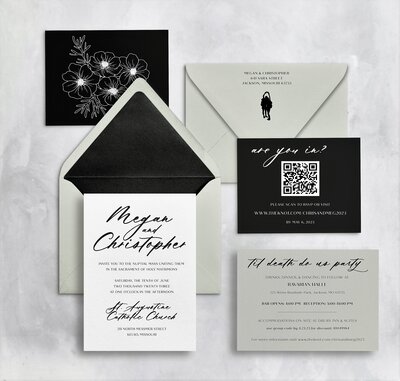 Modern invitation suite with modern floral illustrations, belly bands, and modern calligraphy