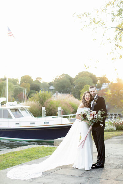 Connecticut marina wedding day portrait of bride and groom