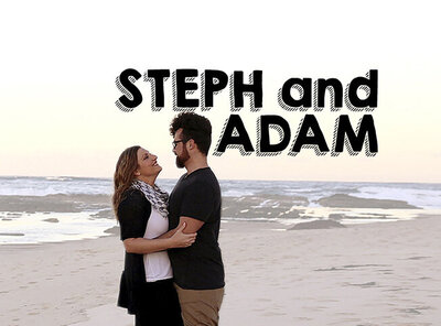 Steph and Adam photograph with names on beach