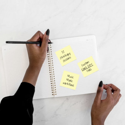 “Hands writing in a notebook with sticky notes labeled ‘Clarity Coach GPT,’ ‘Muse Mode,’ and ‘1:1 Strategy Session’—visual of the Rianne Nycole brand experience.”