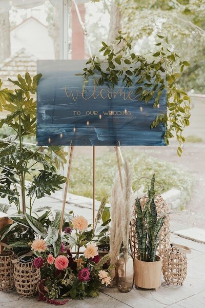 Wedding welcome sign decorated by flowers