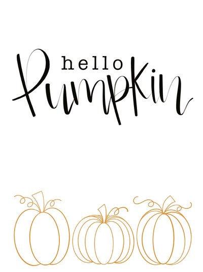 Hello pumpkin in black hand lettering with orange pumpkins on white background