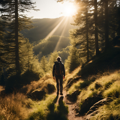 Hiker walking through sunny forest