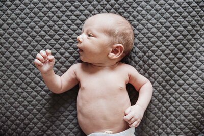 Newborn baby boy laying on bed by Taylor Lynn studios in Wheaton, IL
