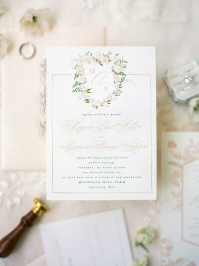 Pink and Orange Floral Letterpress Wedding Invitation