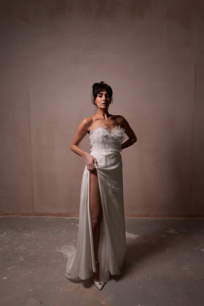 Wedding separates silk skirt and french lace corset worn by elegant bride by British designer Luna Bea