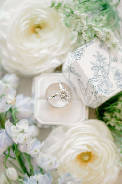 White and blue ring box with 3 wrings