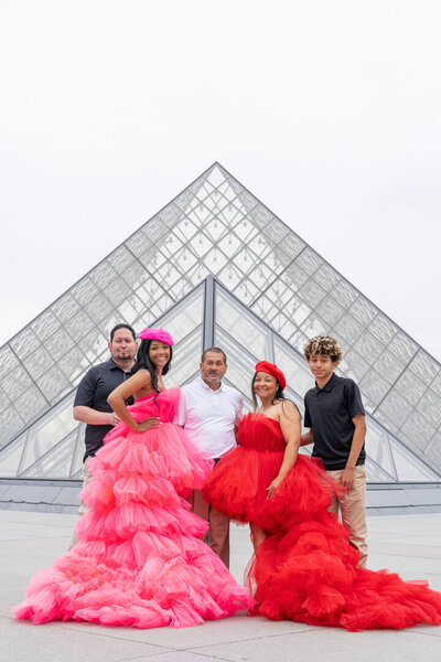 Family portrait session at Louvre pyramids Paris, professional family photography