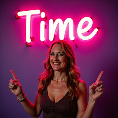 Carssa in tank top, smiling and pointing to pink neon sign that reads "Time".