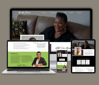 Desktop, laptop, and phone mockups of Annette P. Johnson website