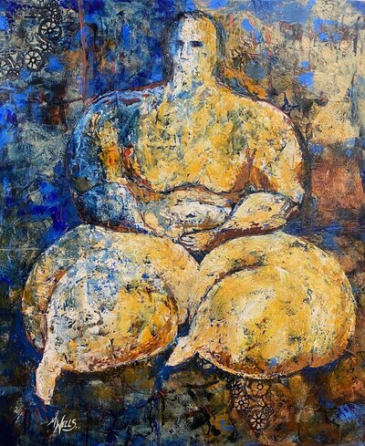 "Mother Goddess" oil and cold wax painting by Marilyn Wells in blues and golds
