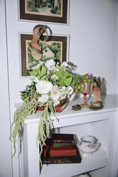 Crisp white and green wedding floral decor for unique wedding in North Carolina.