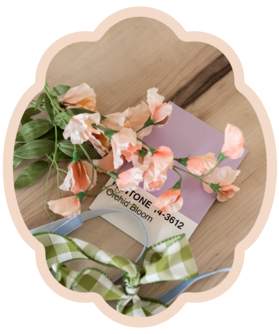 purple pantone swatch with florals and ribbon