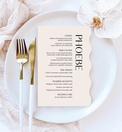 Straight wiggle wedding menu in almond and black