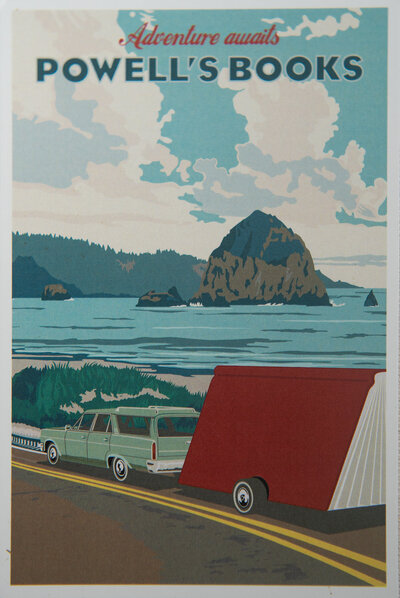 Poster artwork with a landscape image that says Adventure Awaits Powell's Books